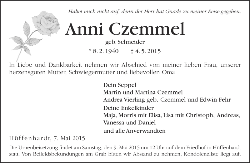  Traueranzeige für Anni Czemmel  vom 07.05.2015 aus 