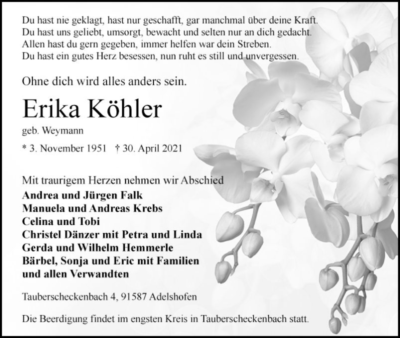 Traueranzeige für Erika Köhler vom 06.05.2021 aus Fränkische Nachrichten