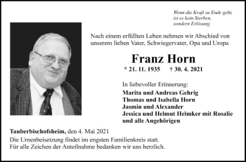 Traueranzeige von Franz Horn von Fränkische Nachrichten