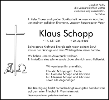 Traueranzeige von Klaus Schopp von Südhessen Morgen