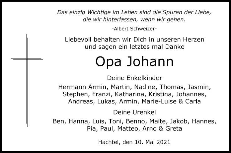  Traueranzeige für Opa Johann vom 10.05.2021 aus Fränkische Nachrichten