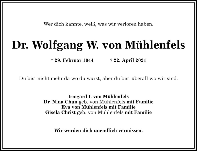  Traueranzeige für Wolfgang W. von Mühlenfels vom 08.05.2021 aus Mannheimer Morgen