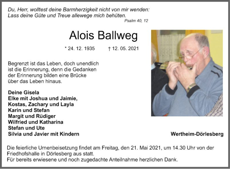  Traueranzeige für Alois Ballweg vom 15.05.2021 aus Fränkische Nachrichten
