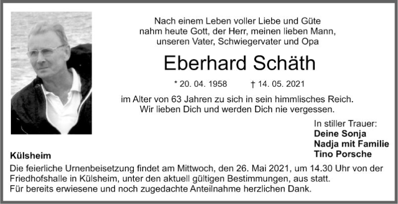  Traueranzeige für Eberhard Schäth vom 22.05.2021 aus Fränkische Nachrichten