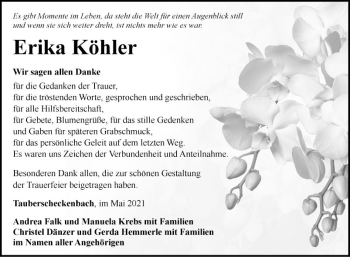 Traueranzeige von Erika Köhler von Fränkische Nachrichten