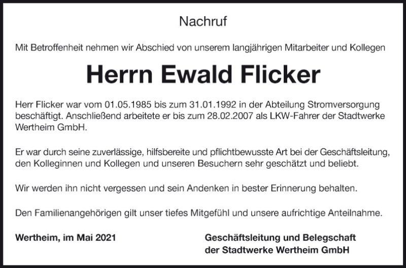  Traueranzeige für Ewald Flicker vom 29.05.2021 aus Fränkische Nachrichten