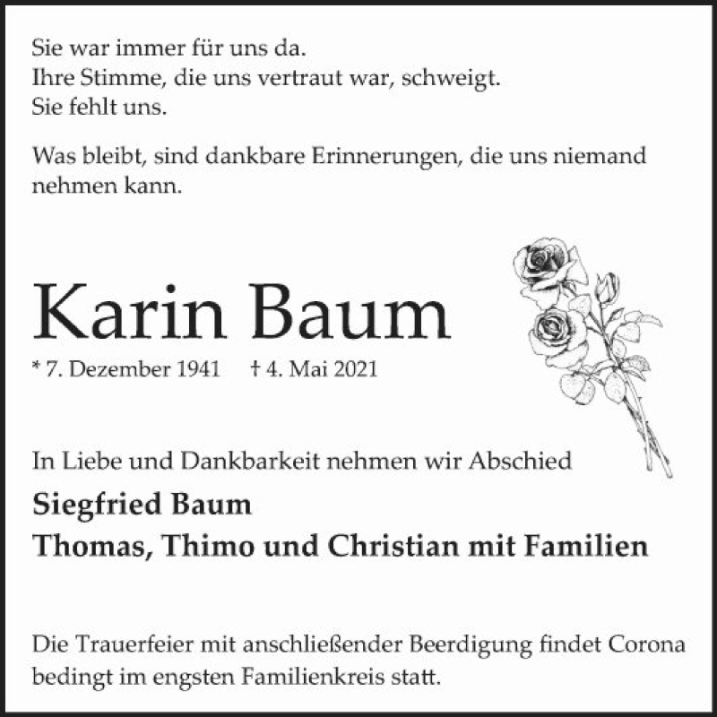  Traueranzeige für Karin Baum vom 15.05.2021 aus Mannheimer Morgen