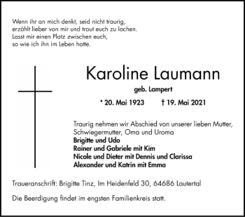 Traueranzeige von Karoline Laumann von Bergsträßer Anzeiger