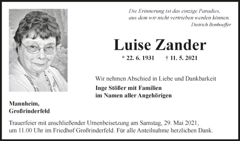  Traueranzeige für Luise Zander vom 22.05.2021 aus Fränkische Nachrichten