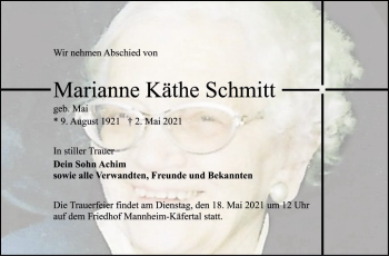 Traueranzeige von Marianne Käthe Schmitt von Mannheimer Morgen