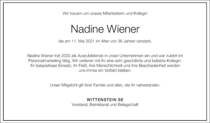  Traueranzeige für Nadine Wiener vom 15.05.2021 aus Fränkische Nachrichten