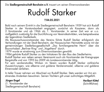 Traueranzeige von Rudolf Starker von Bergsträßer Anzeiger