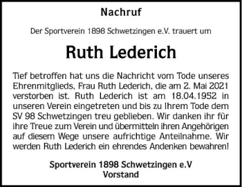 Traueranzeige von Ruth Lederich von Schwetzinger Zeitung