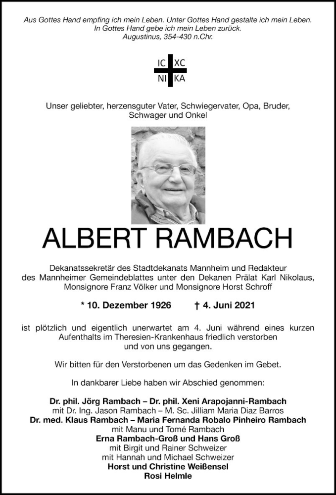  Traueranzeige für Albert Rambach vom 26.06.2021 aus Mannheimer Morgen