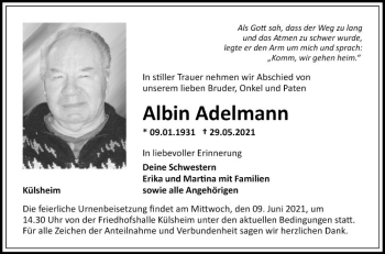 Traueranzeige von Albin Adelmann von Fränkische Nachrichten