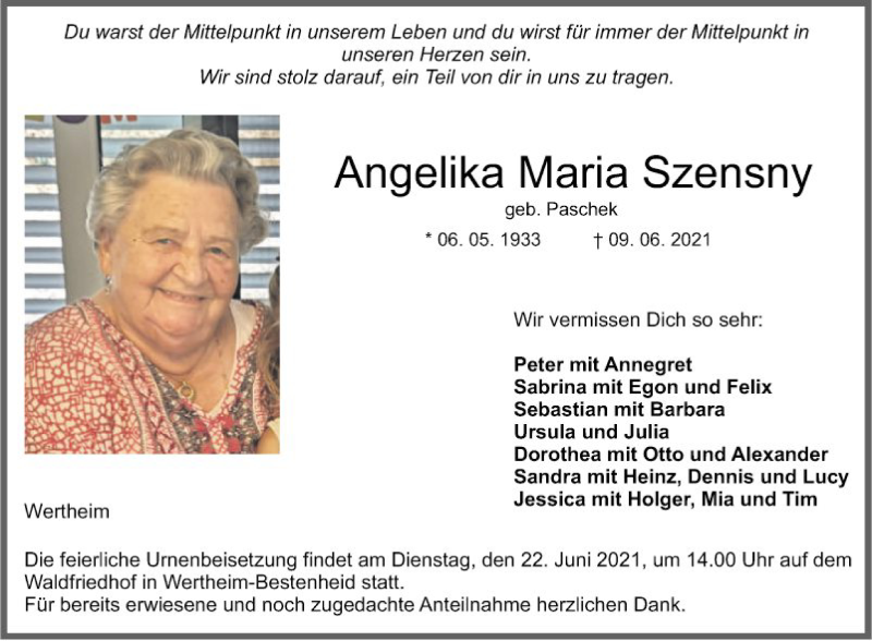  Traueranzeige für Angelika Maria Szensny vom 16.06.2021 aus Fränkische Nachrichten