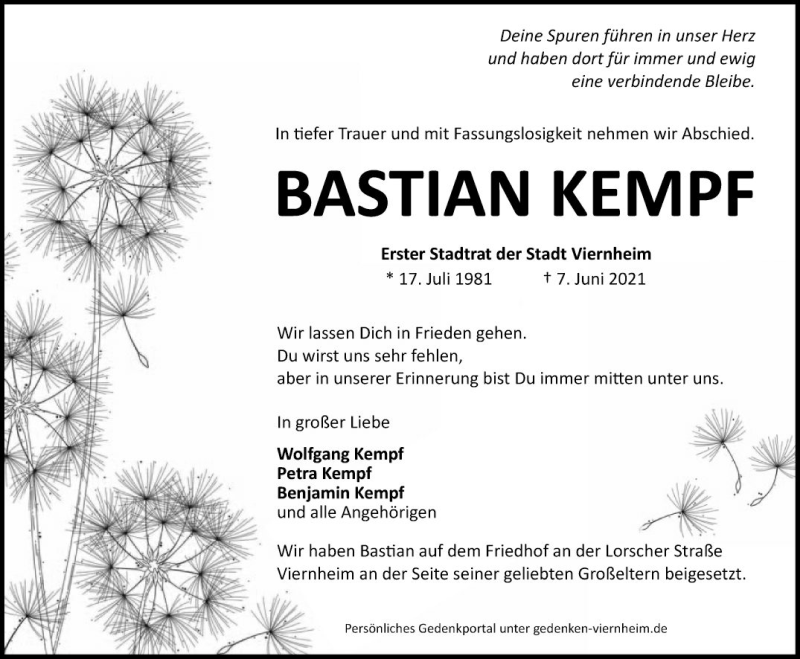  Traueranzeige für Bastian Kempf vom 17.06.2021 aus Südhessen Morgen