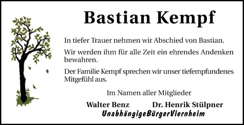  Traueranzeige für Bastian Kempf vom 17.06.2021 aus Südhessen Morgen
