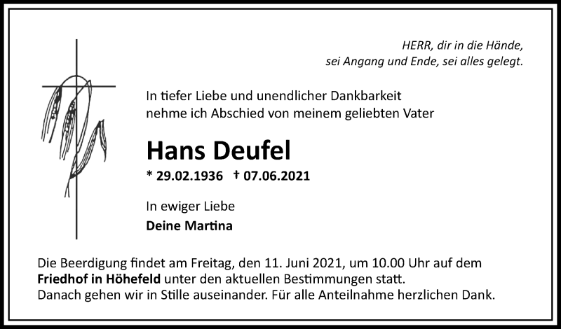  Traueranzeige für Hans Deufel vom 10.06.2021 aus 