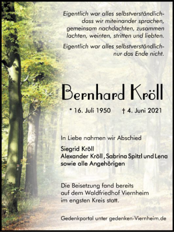 Traueranzeige von Bernhard Kröll von Südhessen Morgen