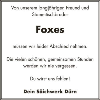 Traueranzeige von Foxes  von Fränkische Nachrichten