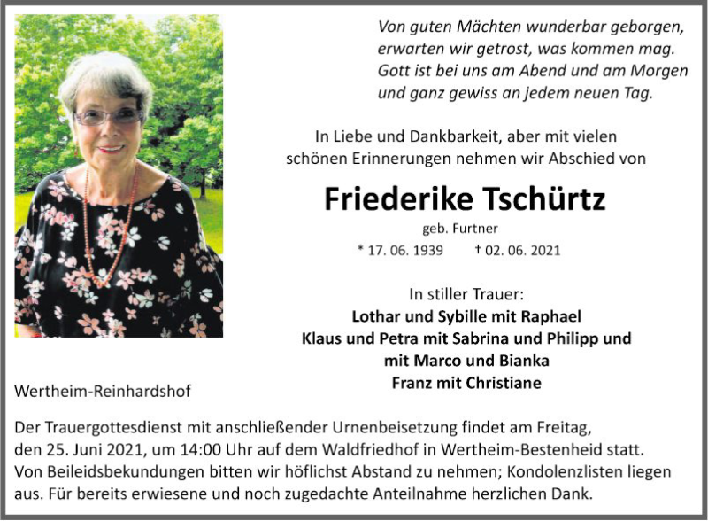 Traueranzeige für Friederike Tschürtz vom 19.06.2021 aus Fränkische Nachrichten