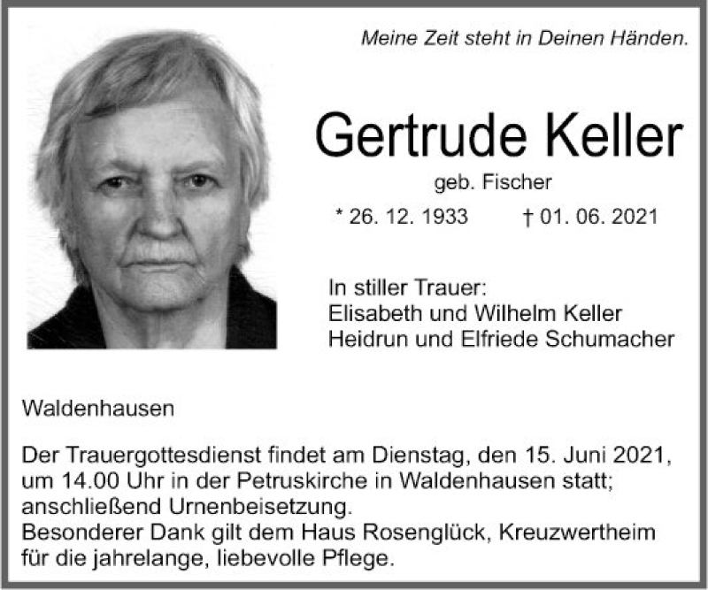  Traueranzeige für Gertrude Keller vom 11.06.2021 aus Fränkische Nachrichten