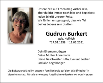Traueranzeige von Gudrun Burkert von Südhessen Morgen