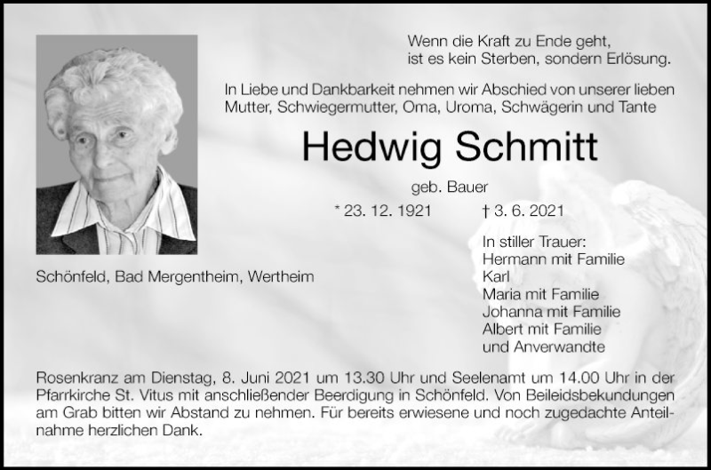  Traueranzeige für Hedwig Schmitt vom 05.06.2021 aus Fränkische Nachrichten