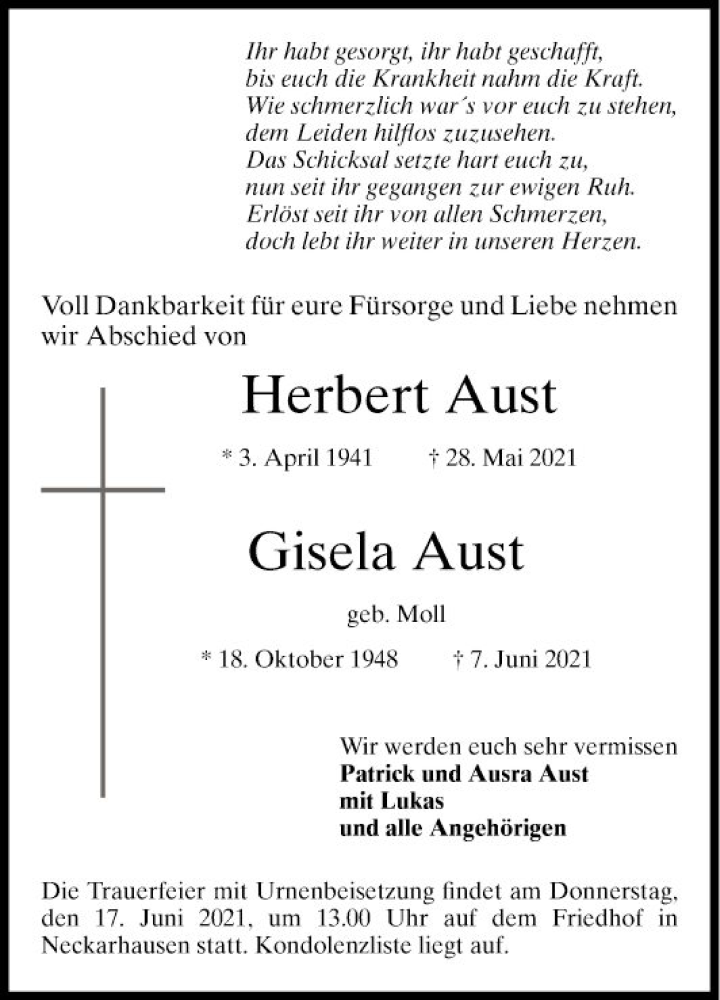  Traueranzeige für Herbert Aust vom 12.06.2021 aus Mannheimer Morgen