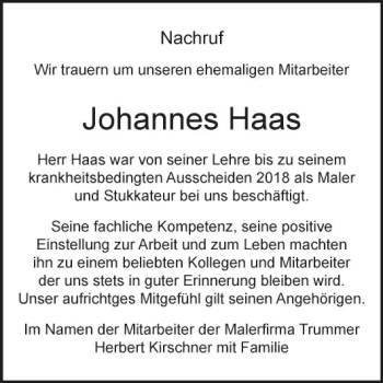 Traueranzeige von Johannes Haas von Fränkische Nachrichten