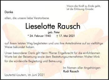 Traueranzeige von Lieselotte Rausch von Bergsträßer Anzeiger