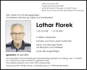 Traueranzeige von Lothar Florek von Fränkische Nachrichten