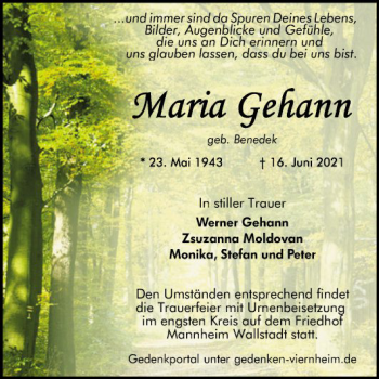 Traueranzeige von Maria Gehann von Mannheimer Morgen