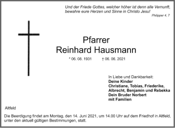 Traueranzeige von Reinhard Hausmann von Fränkische Nachrichten