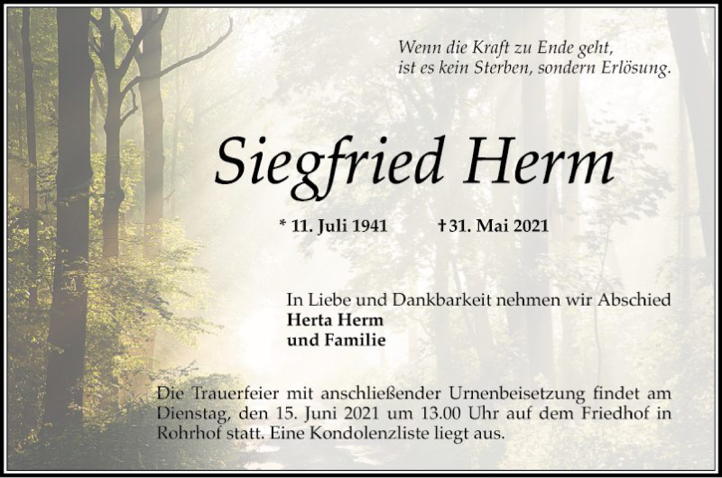  Traueranzeige für Siegfried Herm vom 05.06.2021 aus Schwetzinger Zeitung