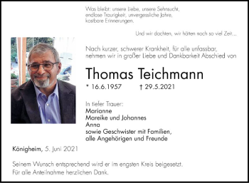 Traueranzeige von Thomas Teichmann von Fränkische Nachrichten