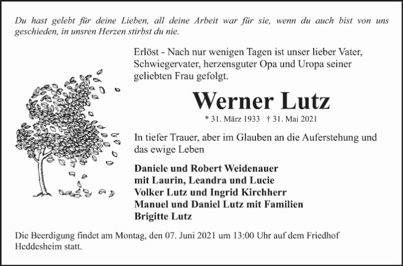  Traueranzeige für Werner Lutz vom 05.06.2021 aus Mannheimer Morgen