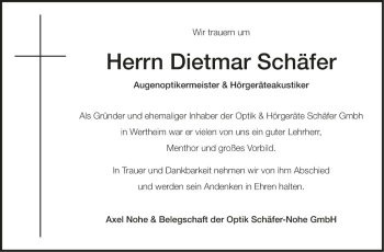 Traueranzeige von Dietmar Schäfer von Fränkische Nachrichten
