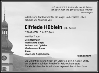 Traueranzeige von Elfriede Hüblein von Fränkische Nachrichten