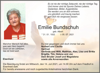 Traueranzeige von Emilie Bundschuh von Fränkische Nachrichten