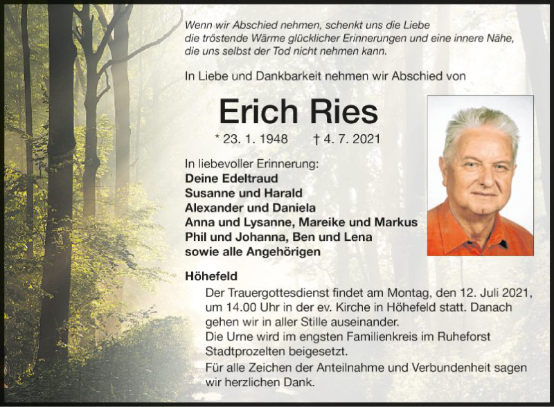  Traueranzeige für Erich Ries vom 08.07.2021 aus Fränkische Nachrichten