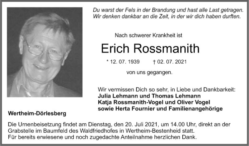  Traueranzeige für Erich Rossmanith vom 13.07.2021 aus Fränkische Nachrichten