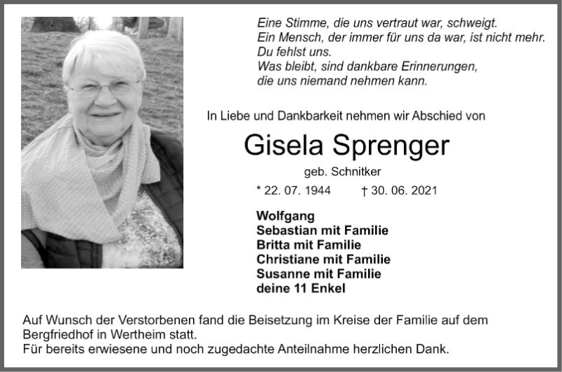  Traueranzeige für Gisela Sprenger vom 05.07.2021 aus Fränkische Nachrichten