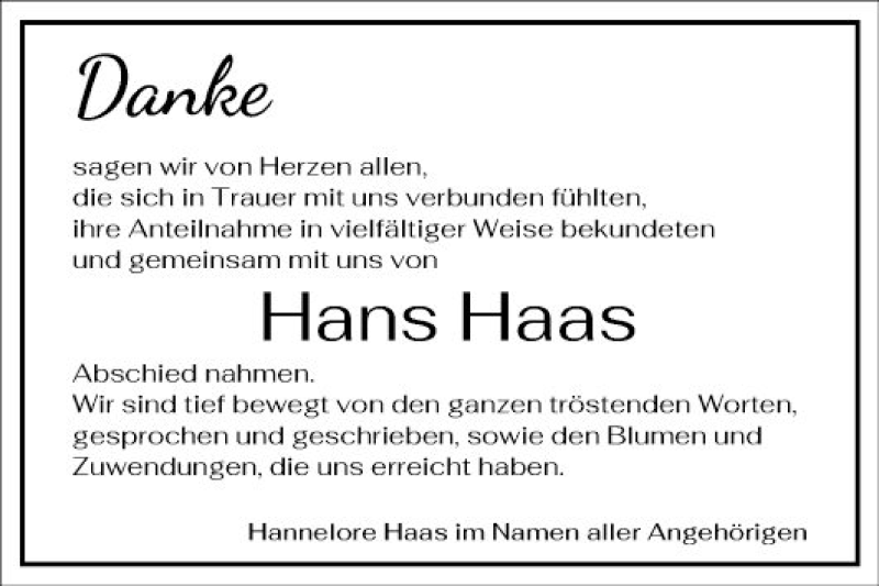  Traueranzeige für Hans Haas vom 03.07.2021 aus Mannheimer Morgen