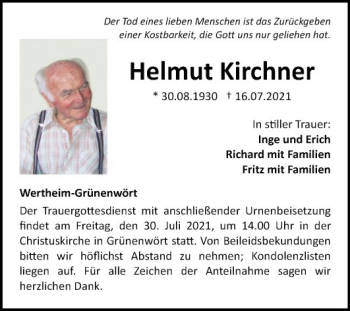 Traueranzeige von Helmut Kirchner von Fränkische Nachrichten