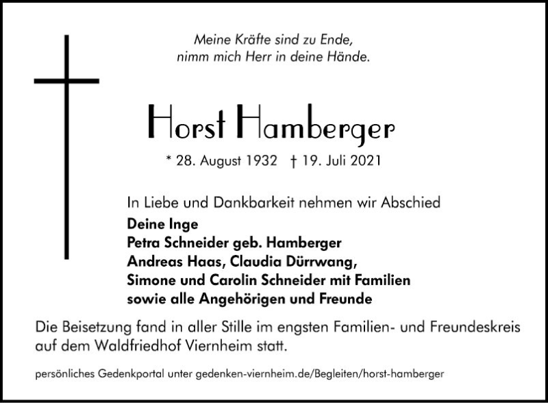  Traueranzeige für Horst Hamberger vom 28.07.2021 aus Südhessen Morgen