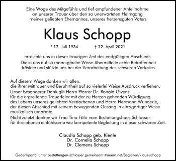 Traueranzeige von Klaus Schopp von Südhessen Morgen
