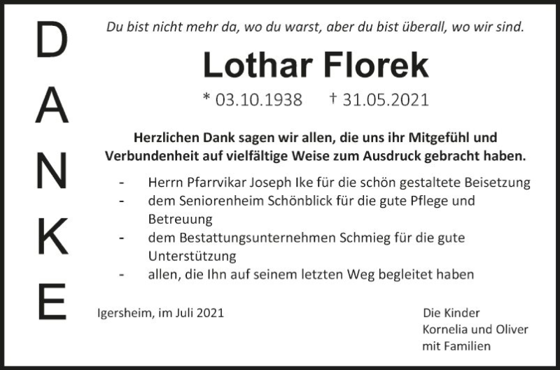  Traueranzeige für Lothar Florek vom 07.07.2021 aus Fränkische Nachrichten