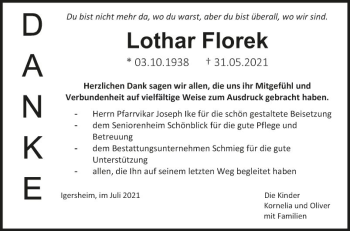 Traueranzeige von Lothar Florek von Fränkische Nachrichten